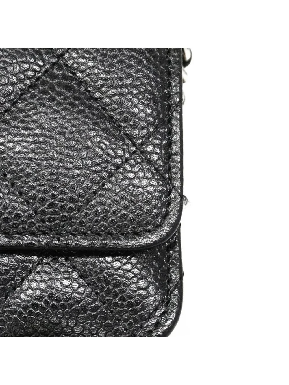 Chanel Shoulder Wallet Quilted Caviar Leather Black Silver